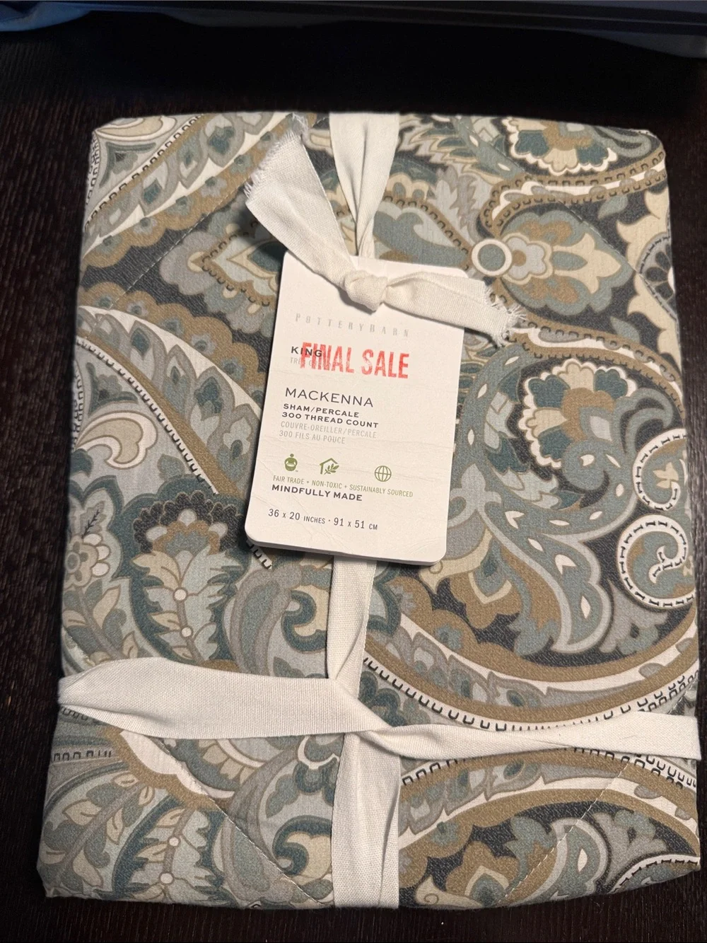 Pottery Barn Mackenna Paisley King Sham Percale 300 Thread Count 36” x 20”